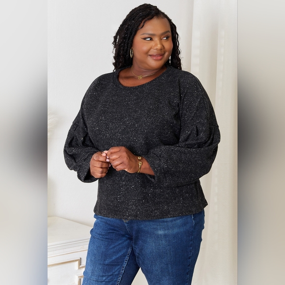 Jade By Jane Designer Black Full Size Boat Neck Glitter Long Sleeve Top - Picture 8 of 9